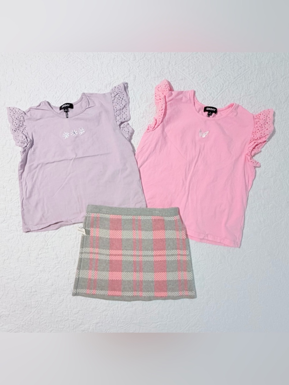 Girls Size Medium Clothing Bundle | DKNY Flutter Sleeve Tops | Plaid Knit Skirt